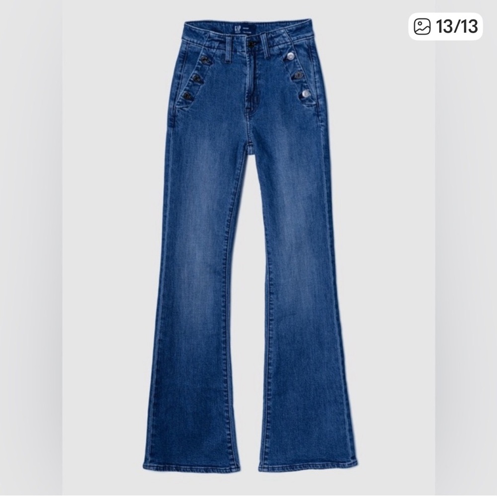 GAP High Rise '70s Flare Jeans Medium Wash Sailor Button Pockets Size 28 - Picture 10 of 10
